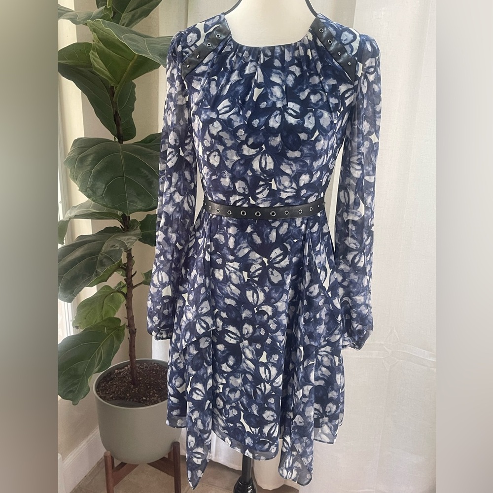 BCBGMaxAzria Blue A-Line Dress with Long Sheer Sleeves